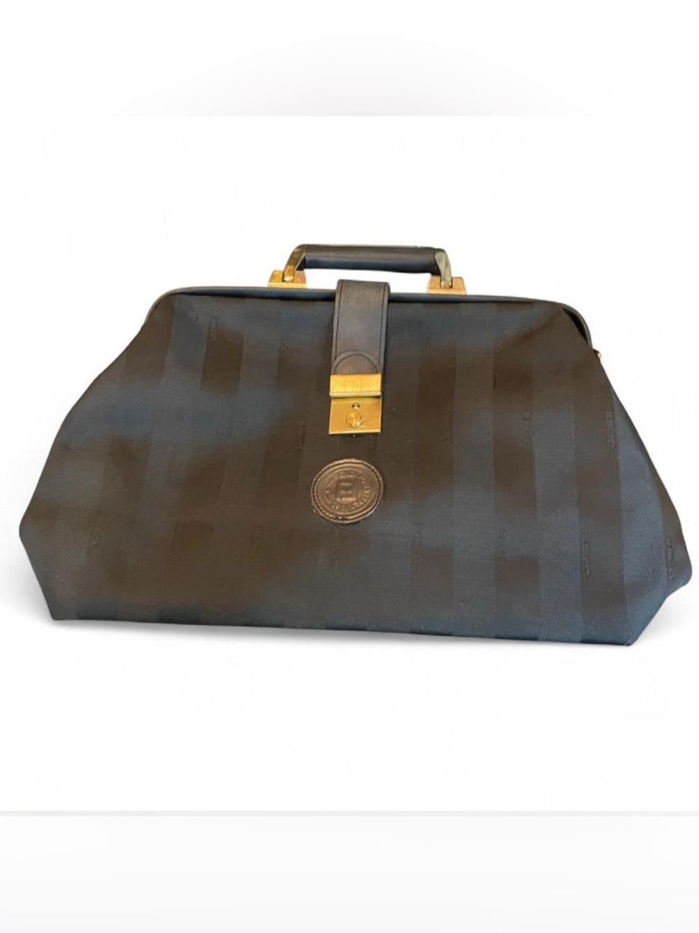 Vintage Fendi Black Striped styled Doctor Bag with Gold Hardware see pics